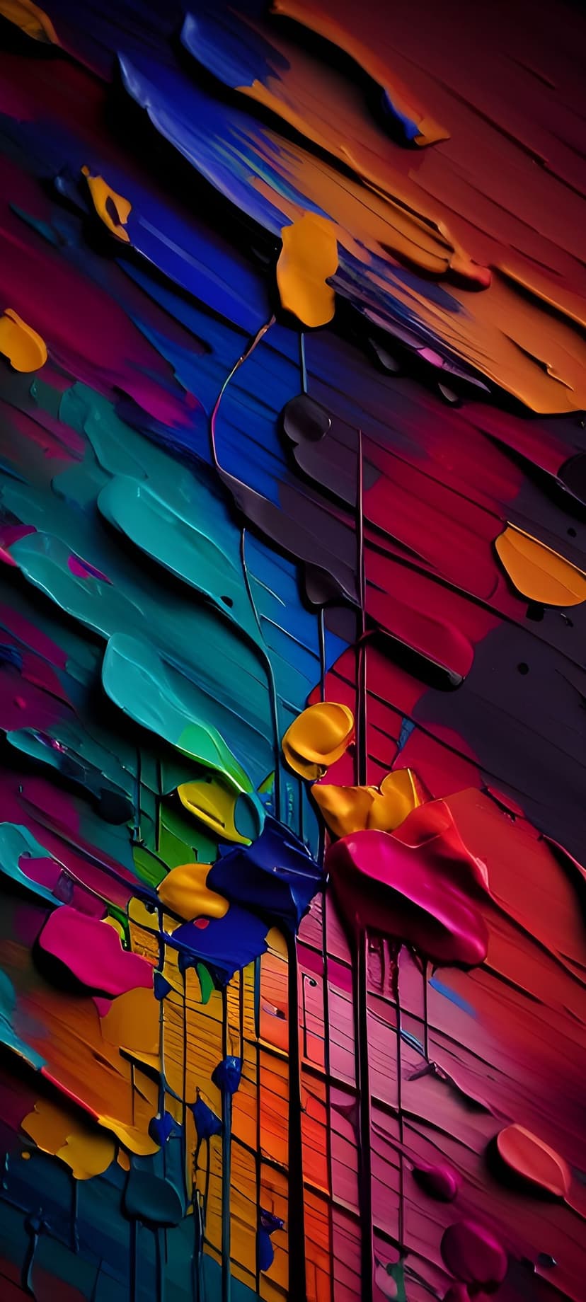 Thick impasto paint strokes in blue, pink, and orange feature vertical drips and heavy texture on a canvas.