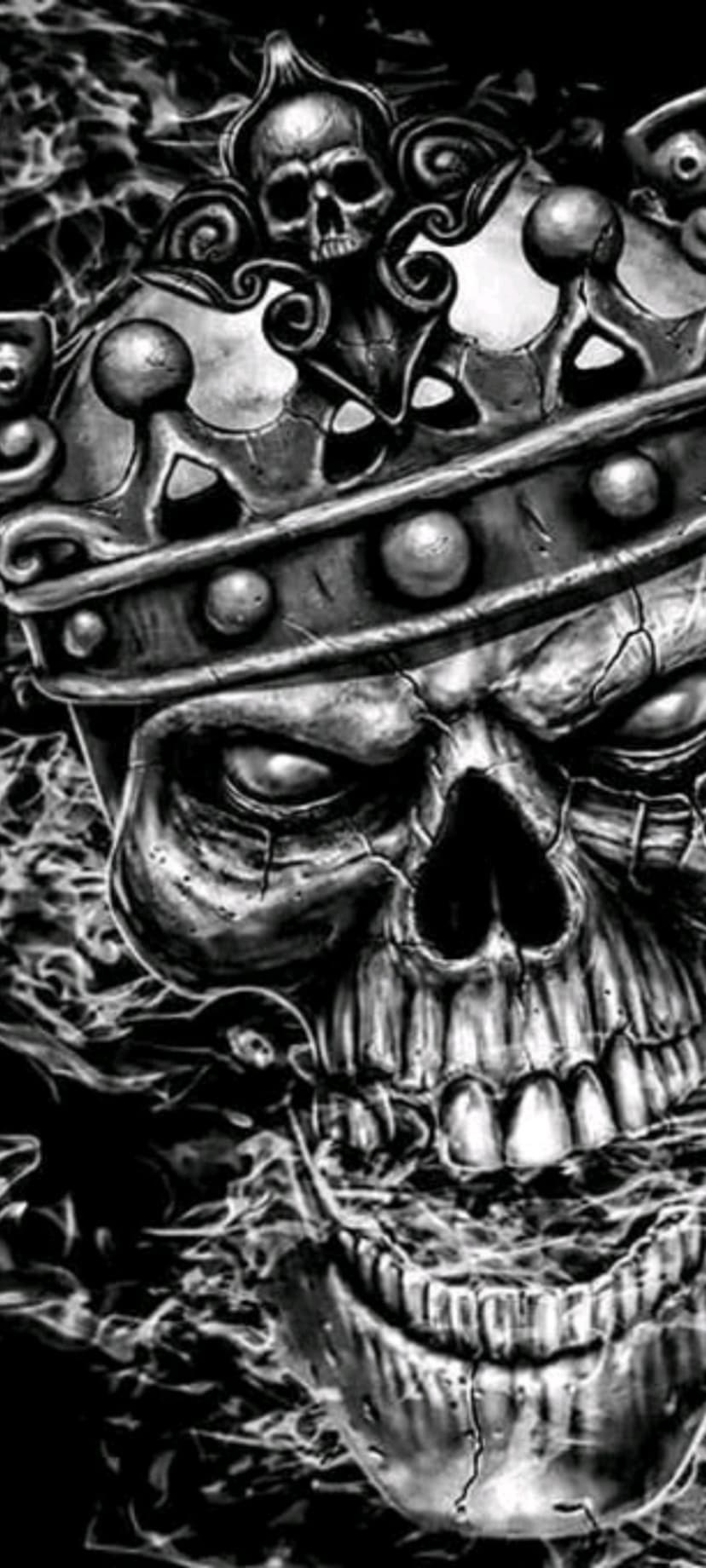 Skeletal king wearing a crown of miniature skulls surrounded by thick wisps of grey smoke against a black background.