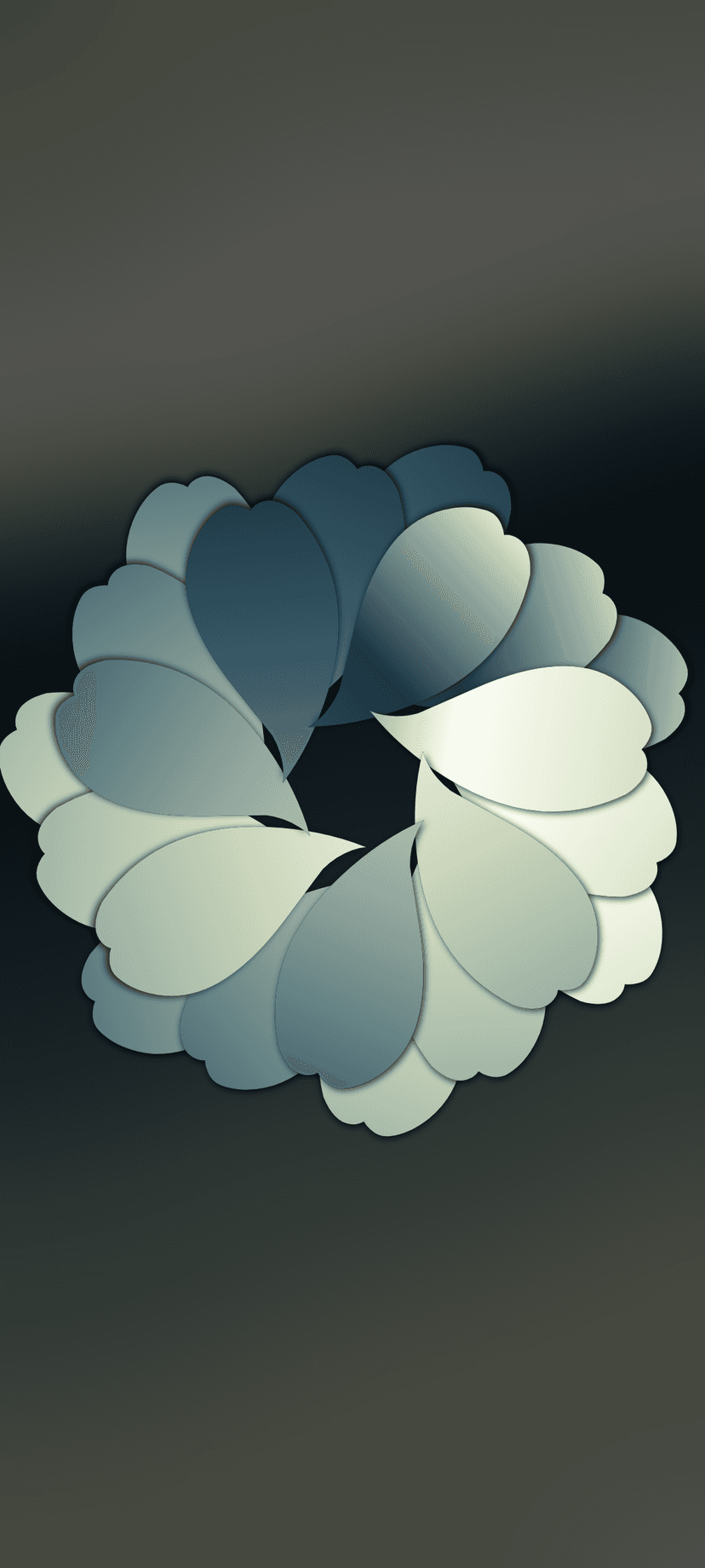 Layered blue and white petals spiraling toward a dark center in a circular, fluid motion against a dark gradient.