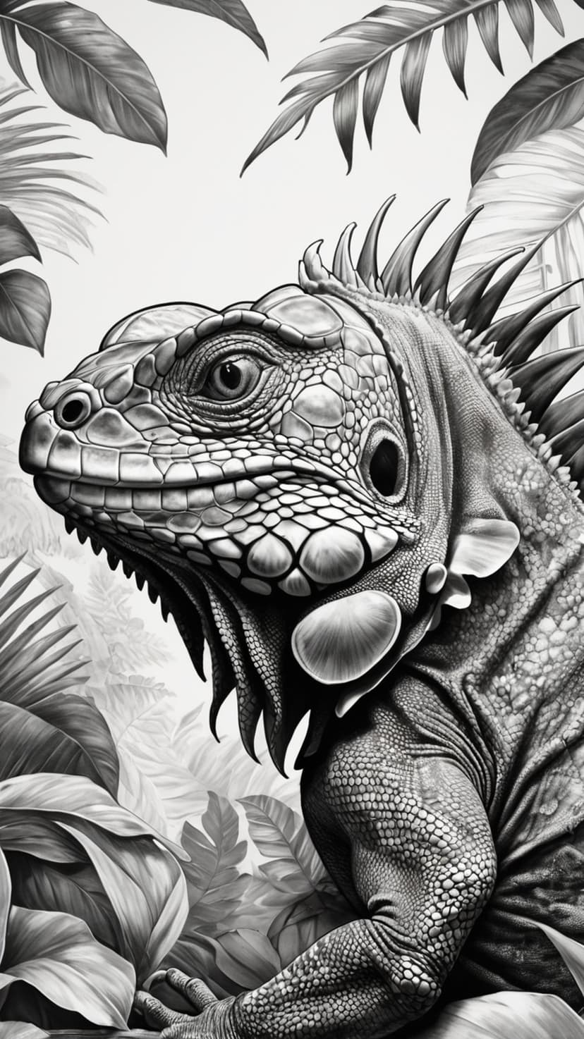 Detailed iguana head among jungle foliage features intricate skin textures in a dramatic black and white palette.