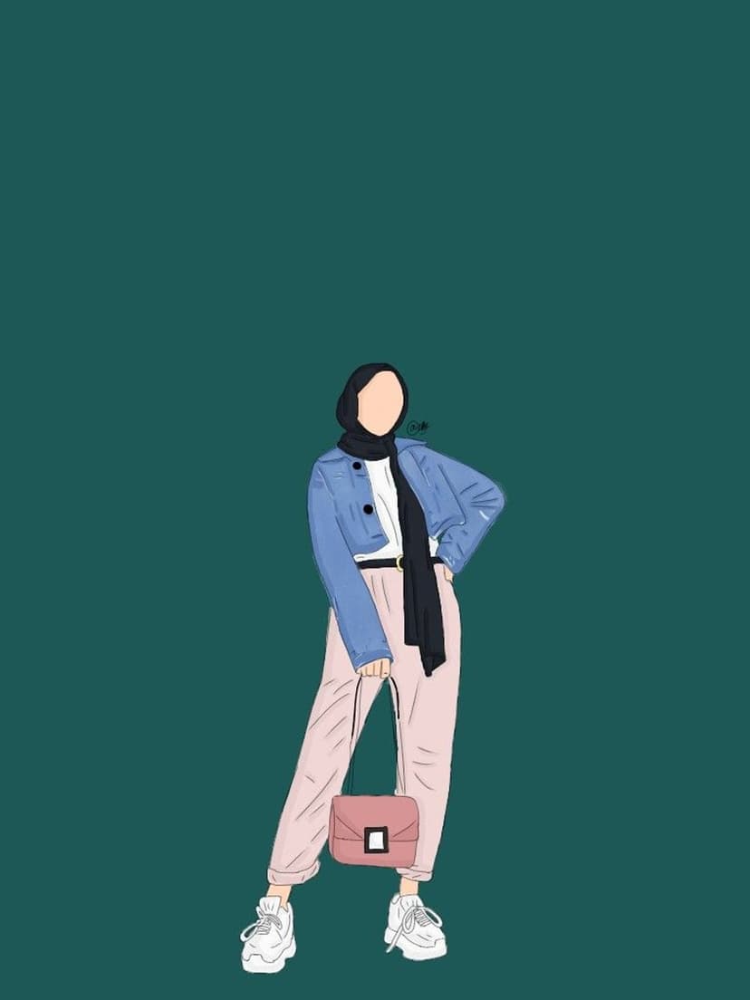 Muslim woman wearing a black hijab and denim jacket with pink pants while holding a handbag against teal.