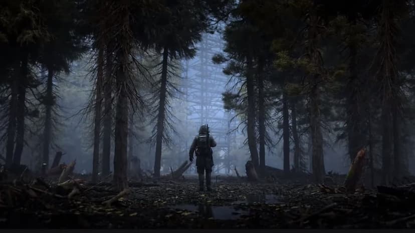 Person in tactical gear stands in a dark pine forest looking toward a large metal structure in the fog.