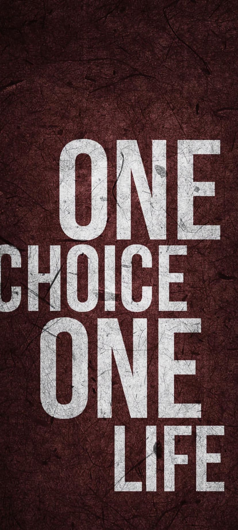 Distressed white typography reading One Choice One Life centered on a dark red grainy textured background.