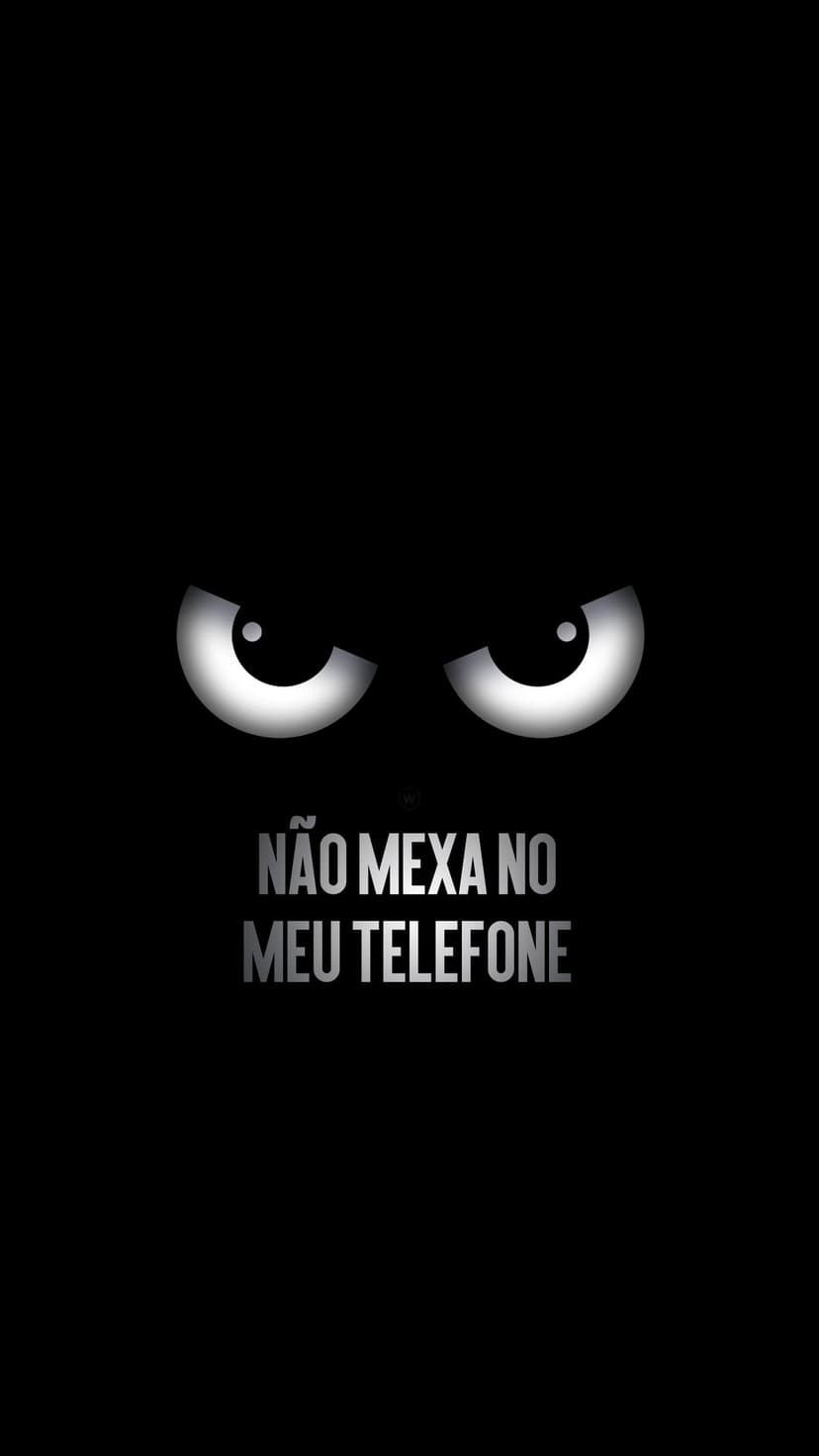 Glowing stylized eyes peer from a dark background above metallic textured Portuguese warning text.