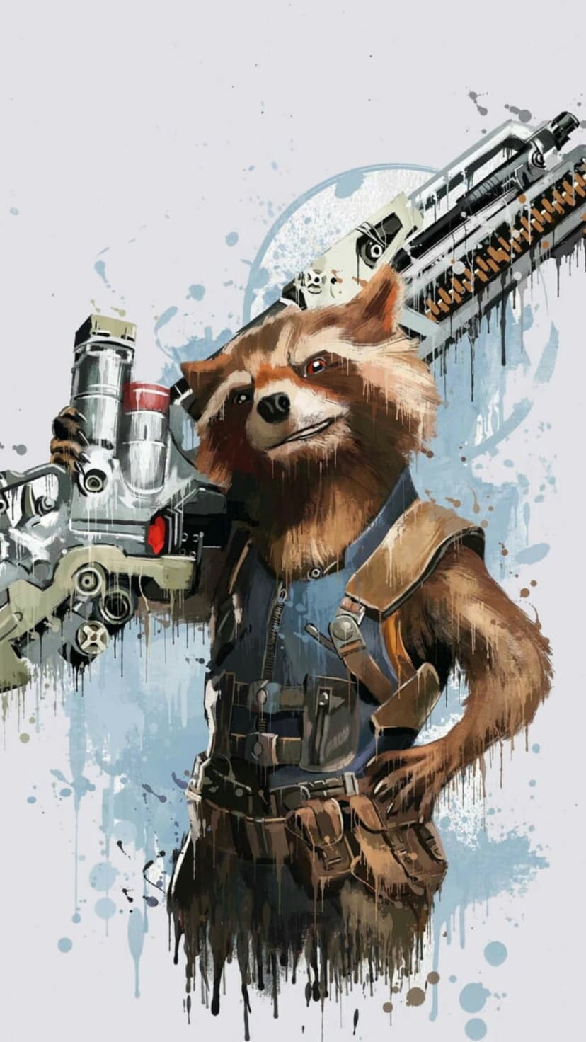Rocket Raccoon wielding a large sci-fi rifle amidst vibrant orange and blue paint splatters and cosmic energy.