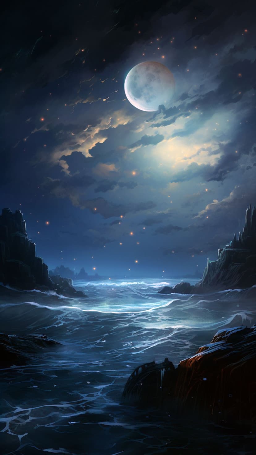 Bright full moon illuminating crashing sea waves and dark jagged rocks beneath a starry night sky with clouds.