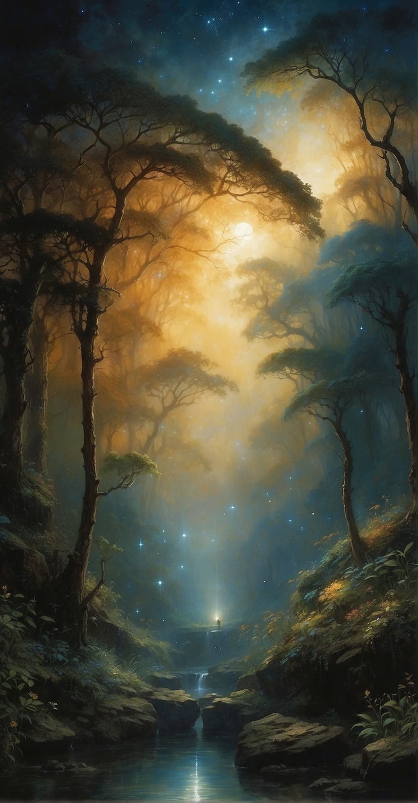 A lone figure stands by a glowing forest waterfall under a star-studded sky with floating golden orbs.