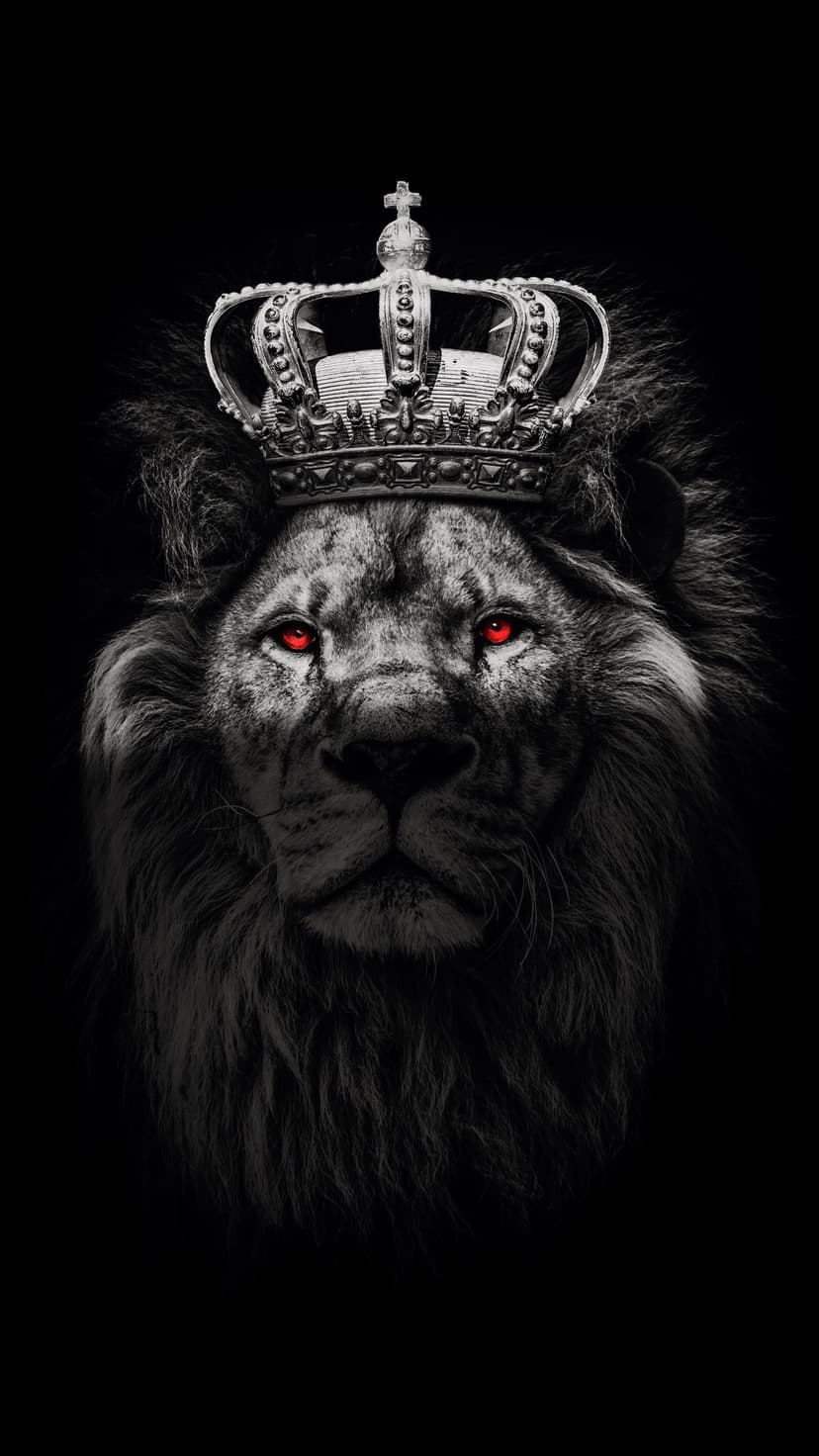 Lion king wearing a silver crown with glowing red eyes and a dark mane against a solid black background.