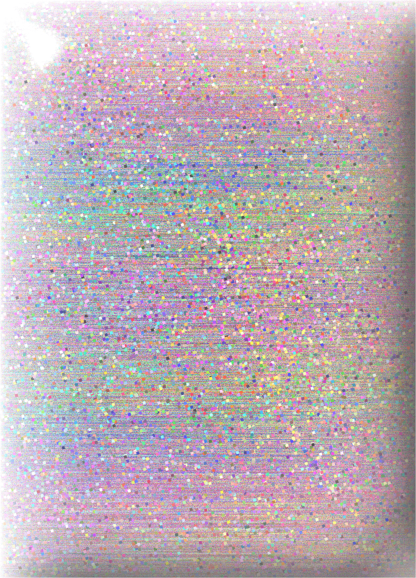 Prismatic glitter particles scatter across a dark metallic surface reflecting tiny rainbow light spectrums.