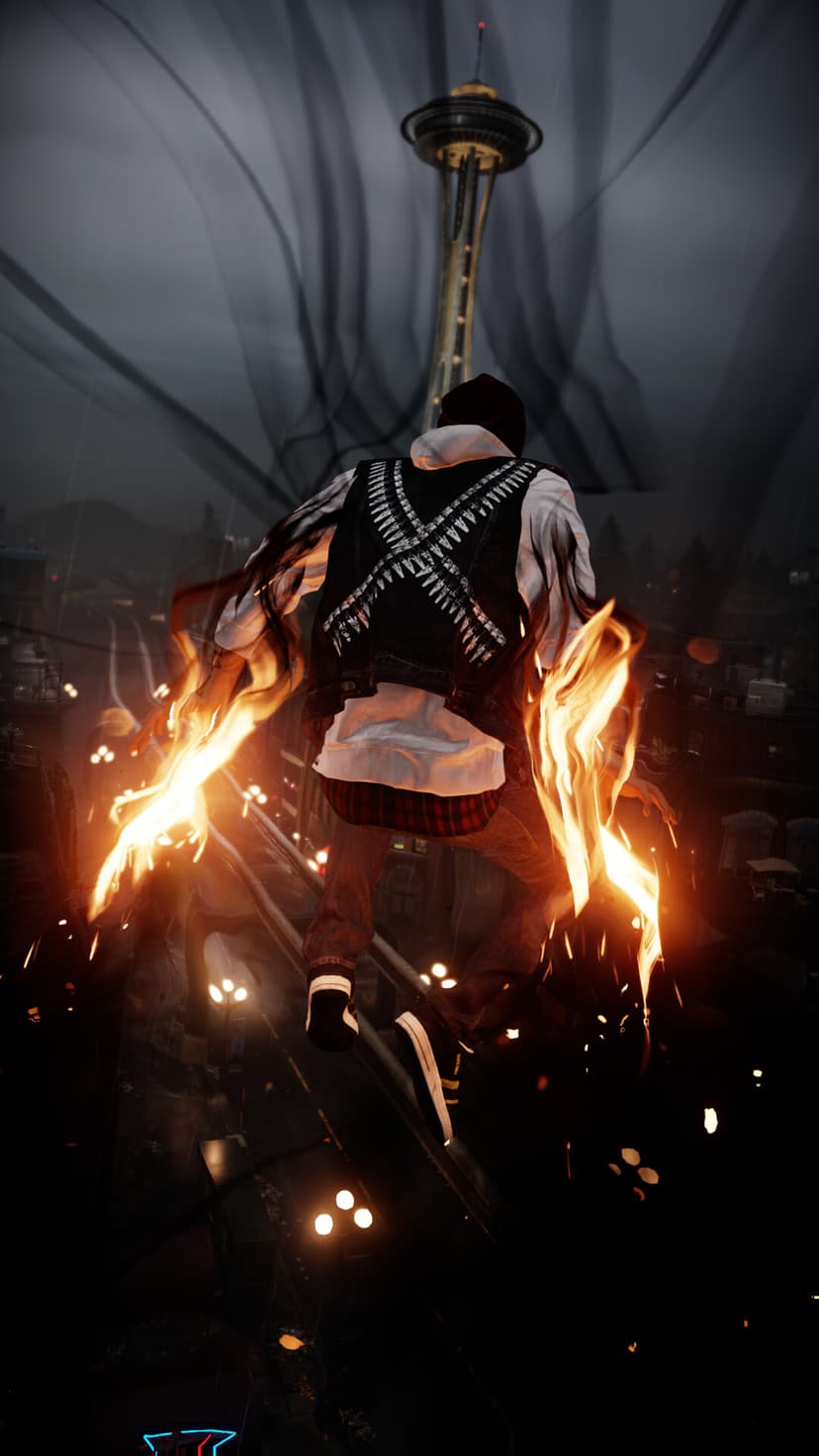 Delsin Rowe hovers with flaming hands over rainy Seattle streets towards the illuminated Space Needle at night.