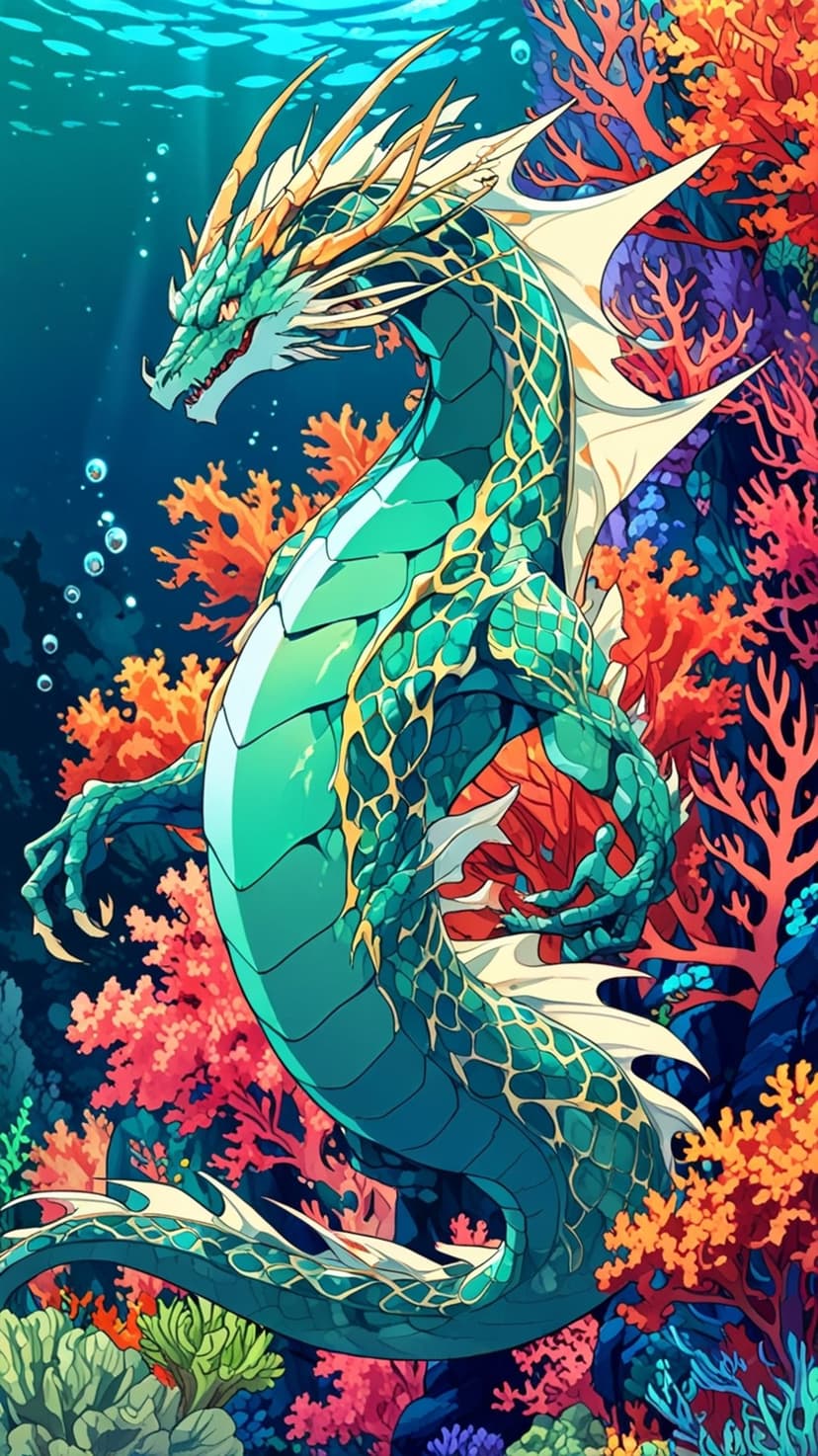 Emerald and gold dragon swimming through a colorful coral reef with sunbeams and rising bubbles underwater.