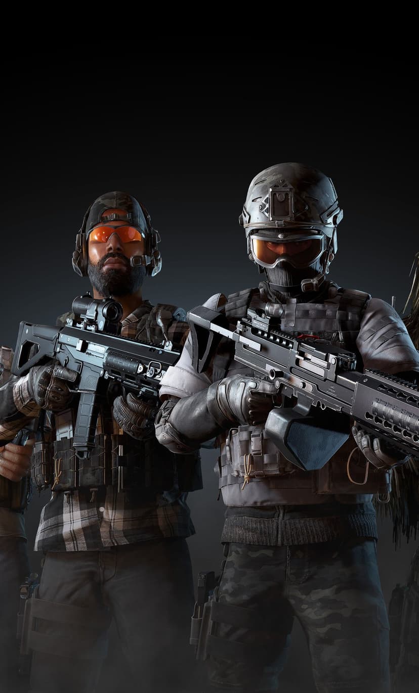 Two tactical soldiers holding rifles and a machine gun against a dark background with orange eyewear accents.