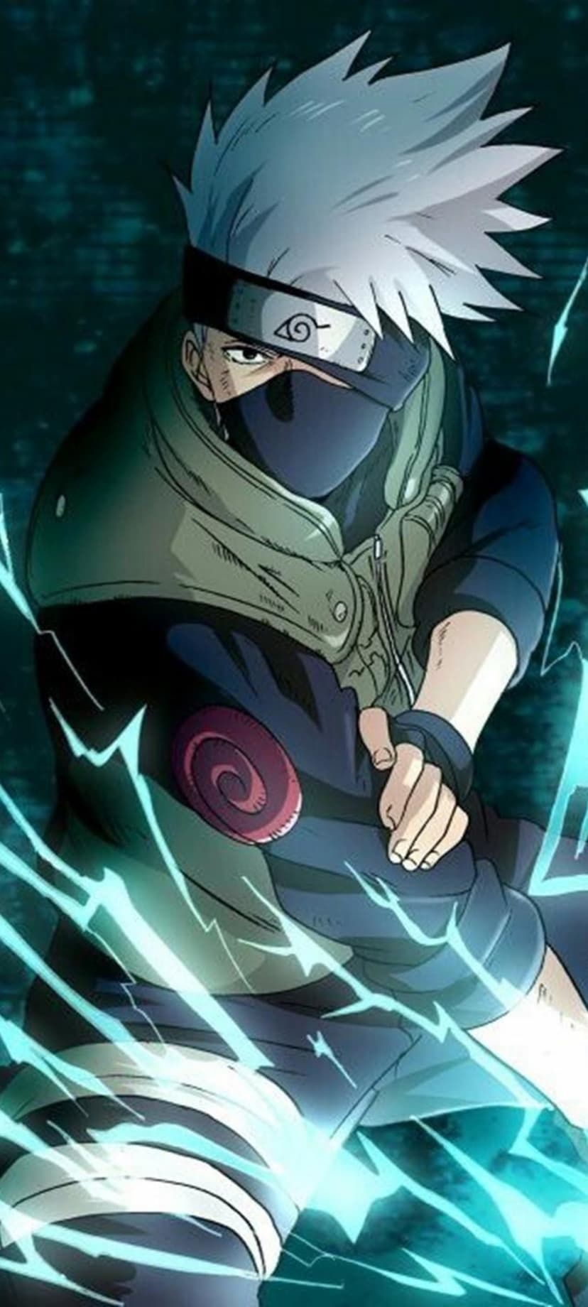 Kakashi Hatake holds a glowing orb of blue lightning with electric sparks flying across his masked face and vest.