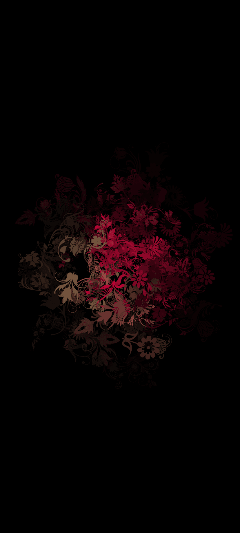 Stylized red blossoms and ochre vines weave through a dark void in this dense, vertical botanical arrangement.