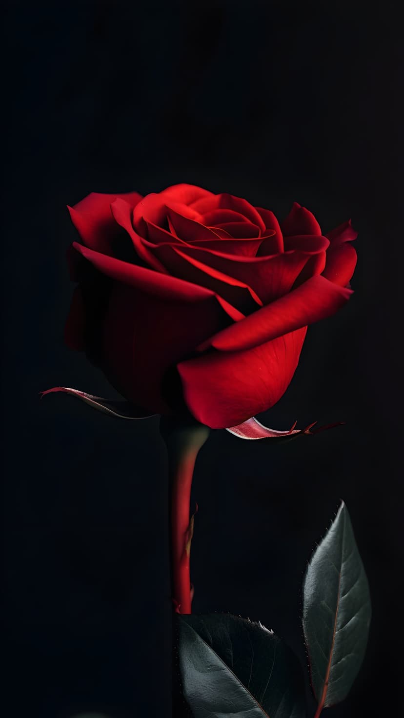Red rose with velvety petals and a green leaf set against a black background in a vertical studio portrait.
