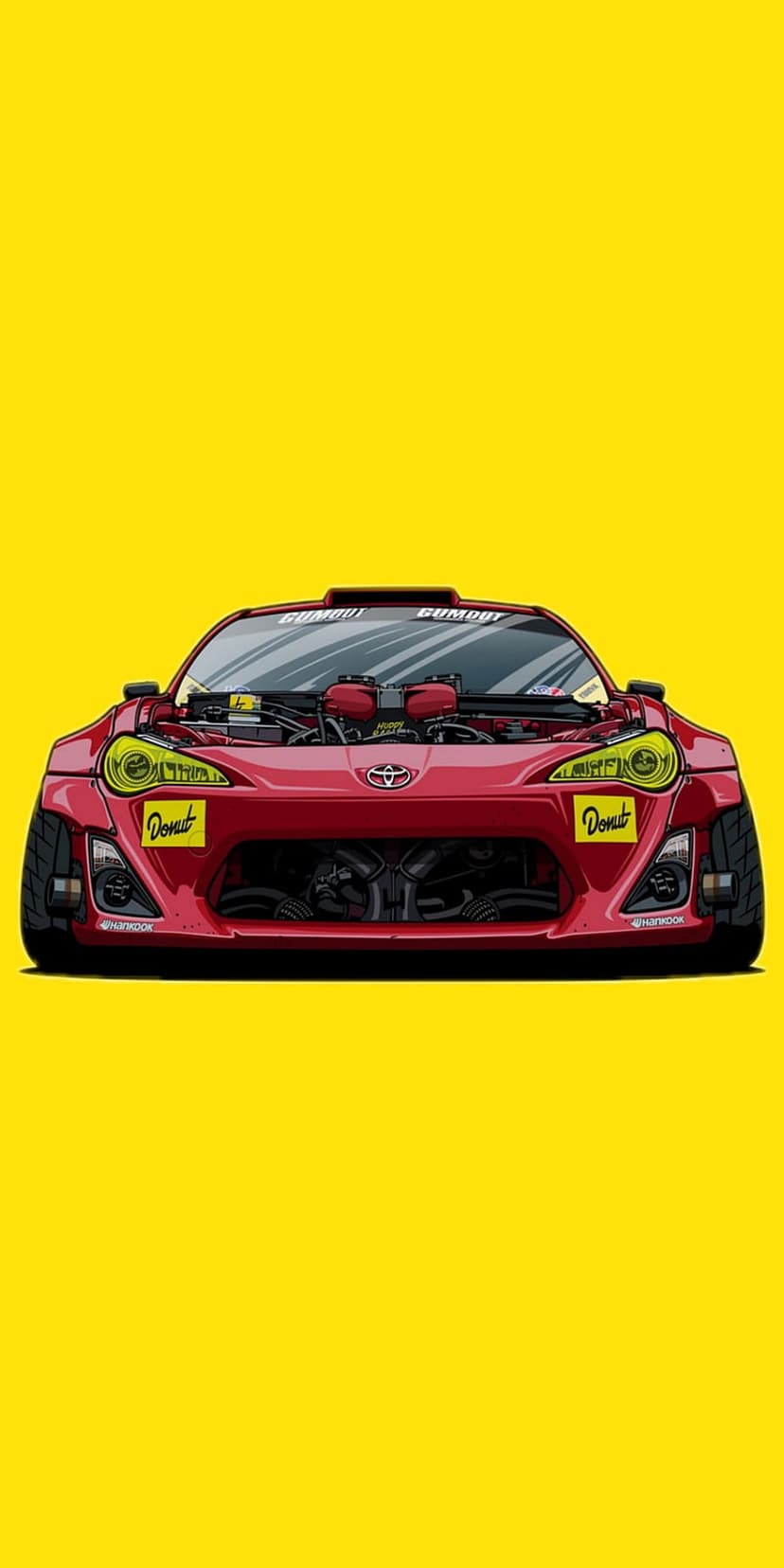 Red Toyota 86 sports car with an open hood revealing a detailed engine against a solid bright yellow background.