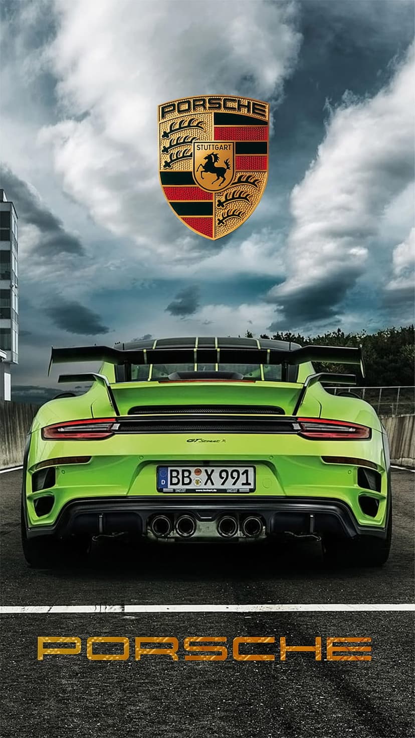 Lime green Porsche 911 GT3 RS rear view showing a large wing, quad exhaust, and brand lettering on tarmac.