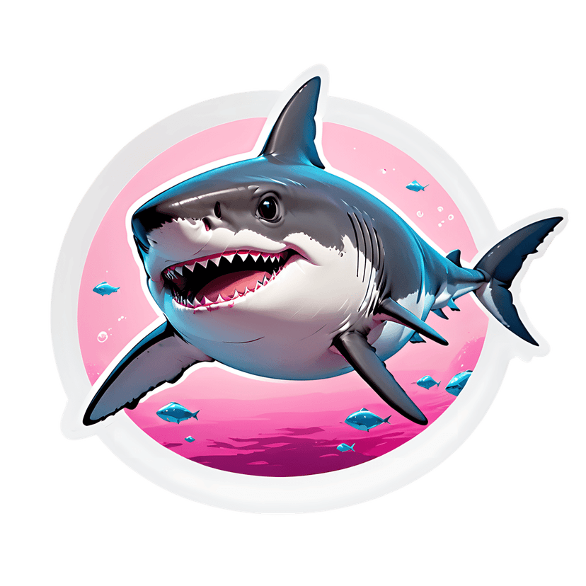 Great white shark sticker with open mouth and sharp teeth in a pink underwater circular frame with blue fish.