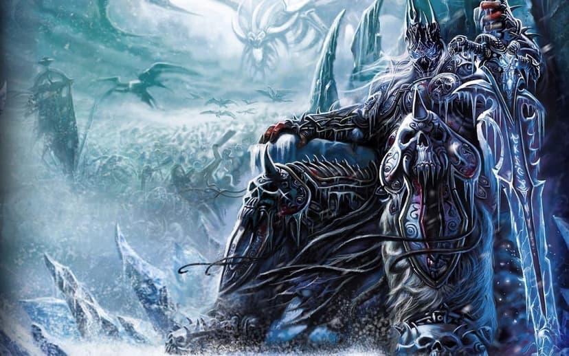 Lich King sitting on a frozen skull throne with Frostmourne, skeletal dragon and undead army in a blizzard.