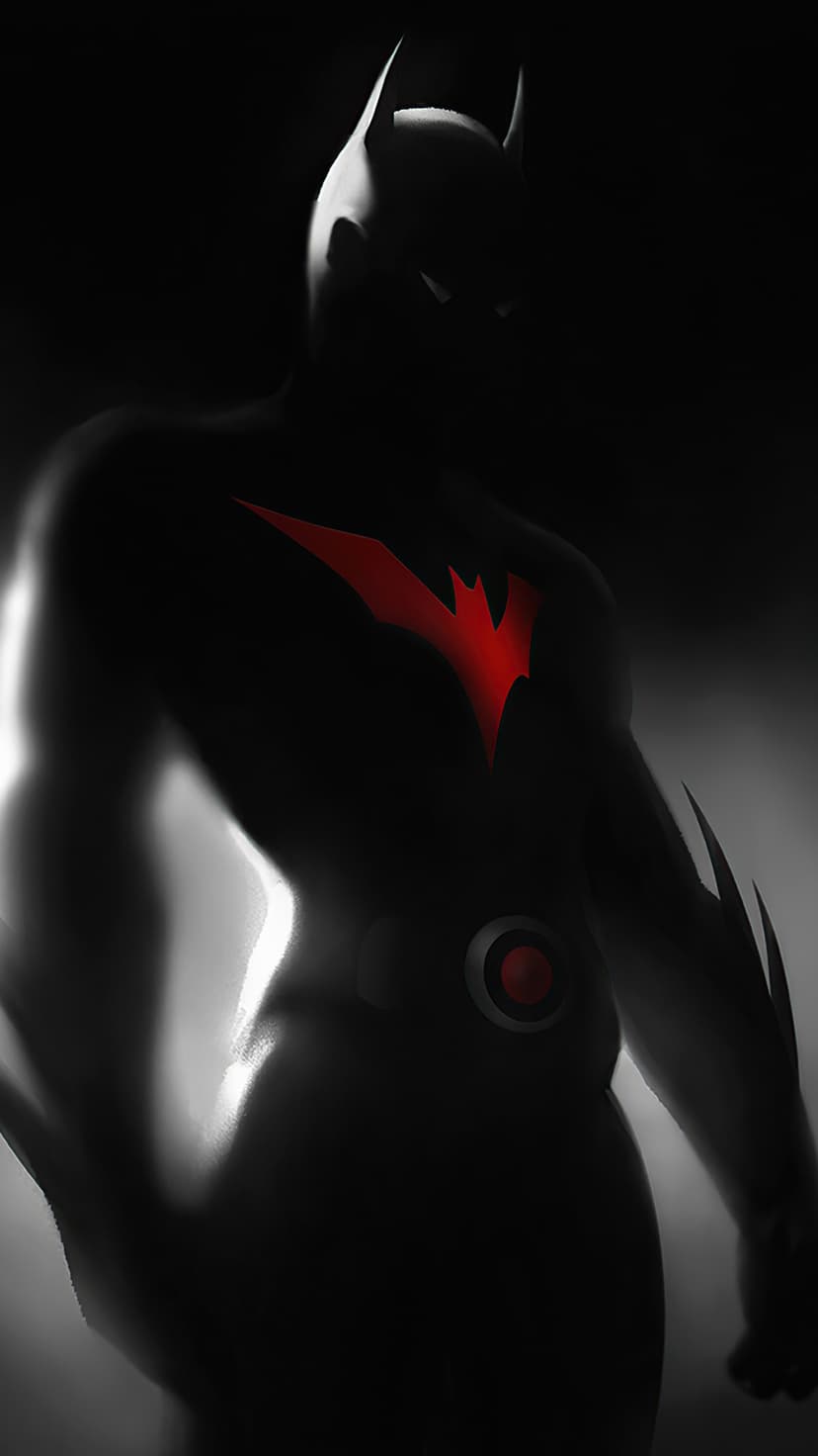 Batman Beyond silhouette in profile features a glowing red chest symbol and side lighting on a dark black suit.