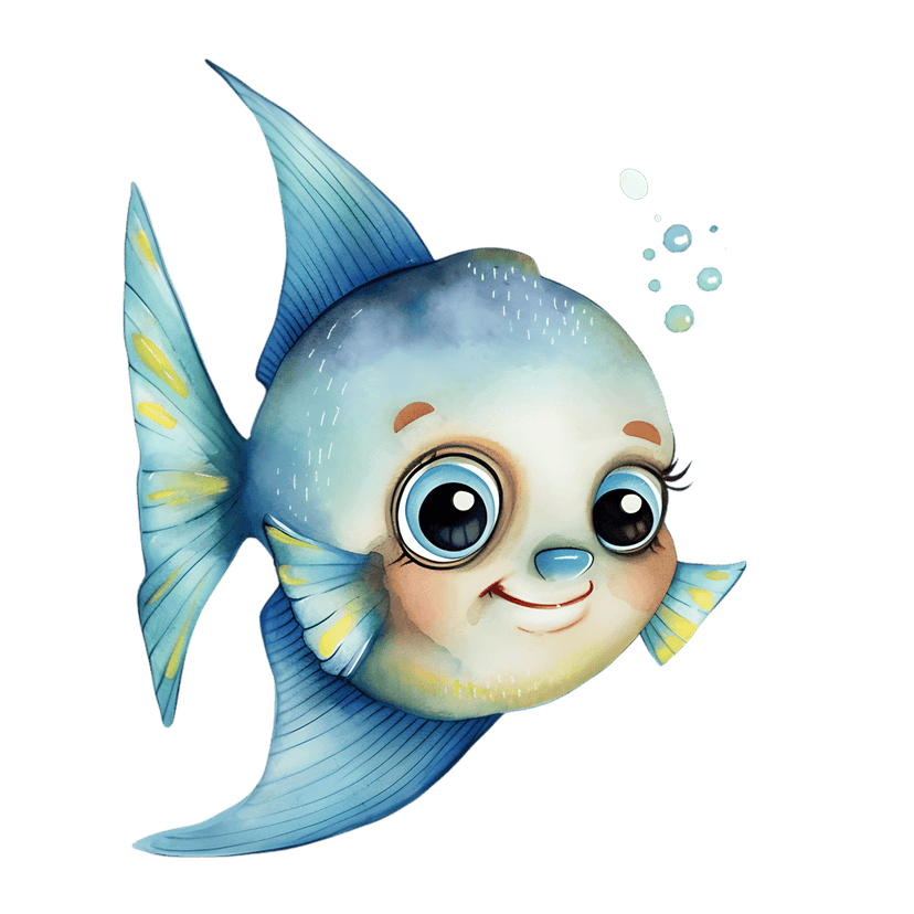 Watercolor cartoon fish swimming among rising bubbles shows vibrant yellow fins, blue scales, and large eyes.