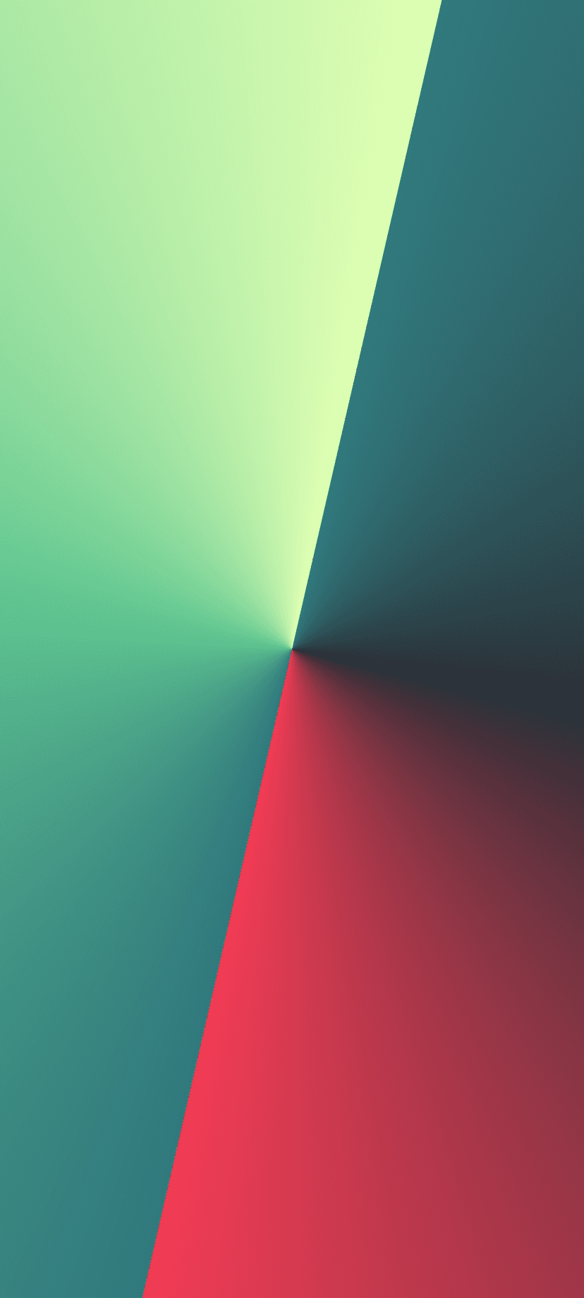 Green and teal radial gradient spokes converge with a sharp red wedge in a central geometric pattern.
