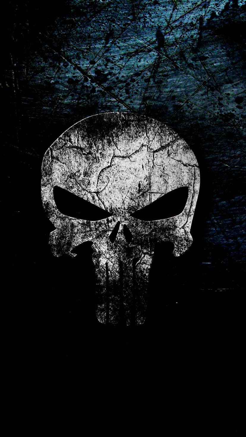 Distressed white Punisher skull with cracks on a dark blue and black grunge textured background for mobile use.