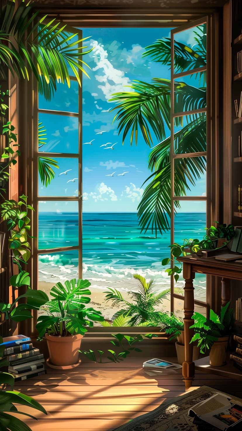 Sunlight hits wooden floors in a room with a view of tropical ocean waves and indoor potted green plants.
