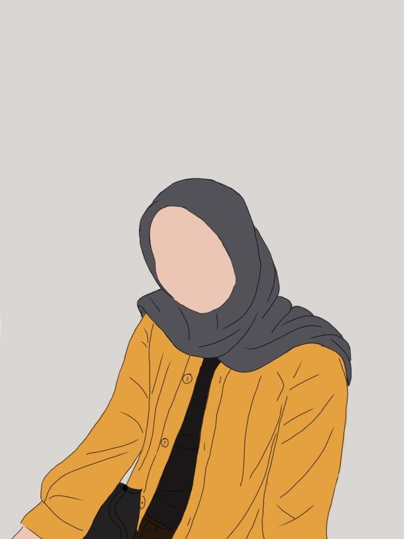 Faceless woman wearing a dark grey hijab and bright yellow jacket against a plain off-white background.
