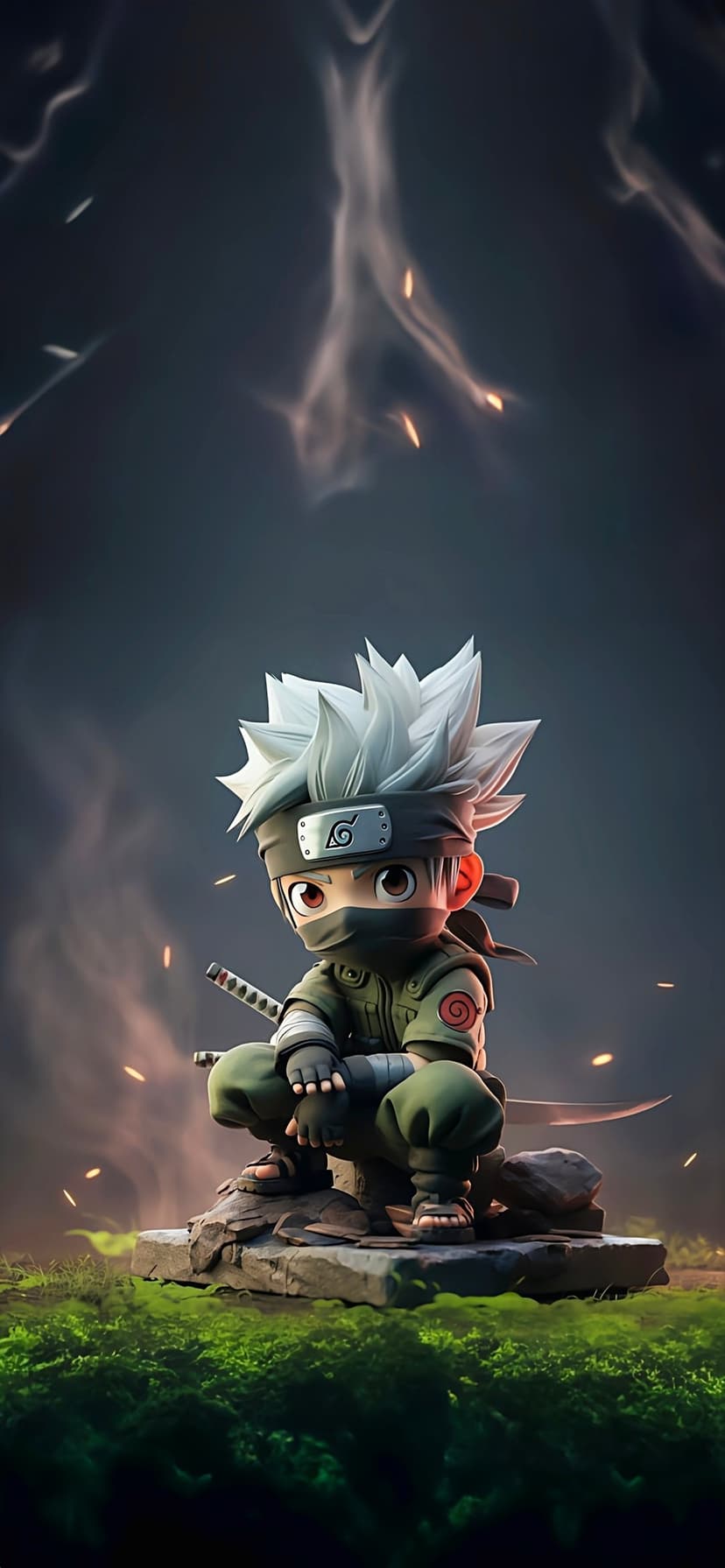 Kakashi Hatake in a green vest crouches on mossy rocks with a kunai as sparks and smoke fill the dark background.