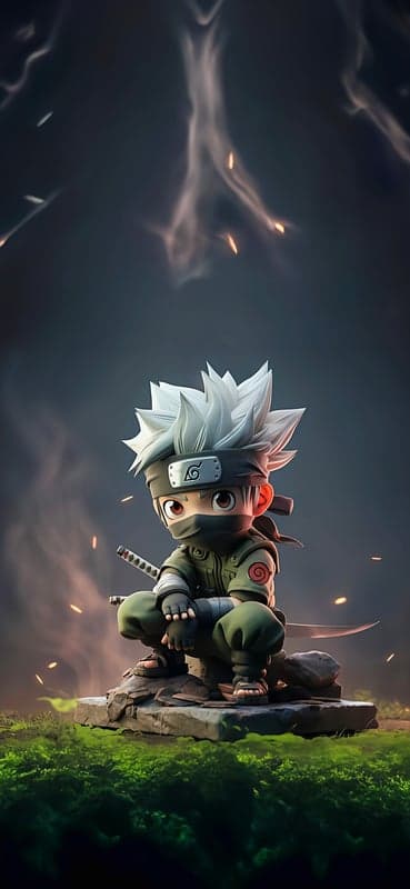 Chibi Kakashi Crouching on Rocks Anime Art