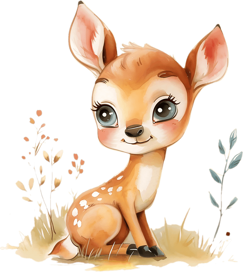 Baby deer fawn watercolor illustration sitting in a field of green grass and plants with a transparent background.