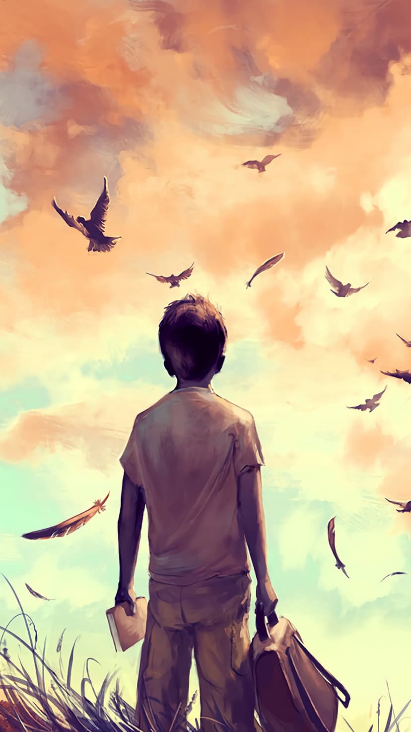 Young boy holding a book and backpack looks up at birds flying across a vibrant orange and blue sunset sky.