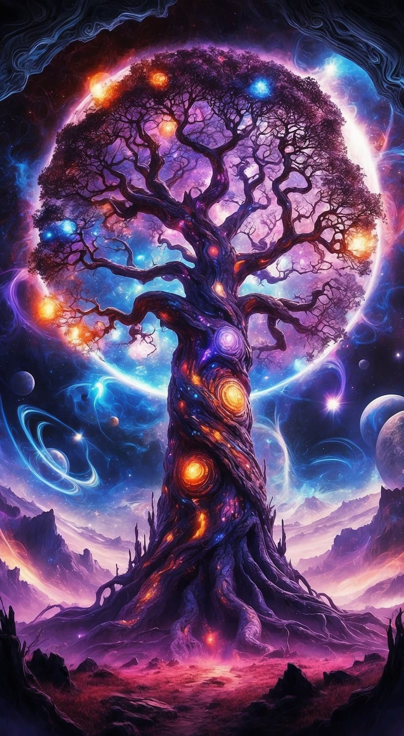 Cosmic tree with gnarled branches glowing amidst purple nebulae and swirling orange galaxies in deep space.