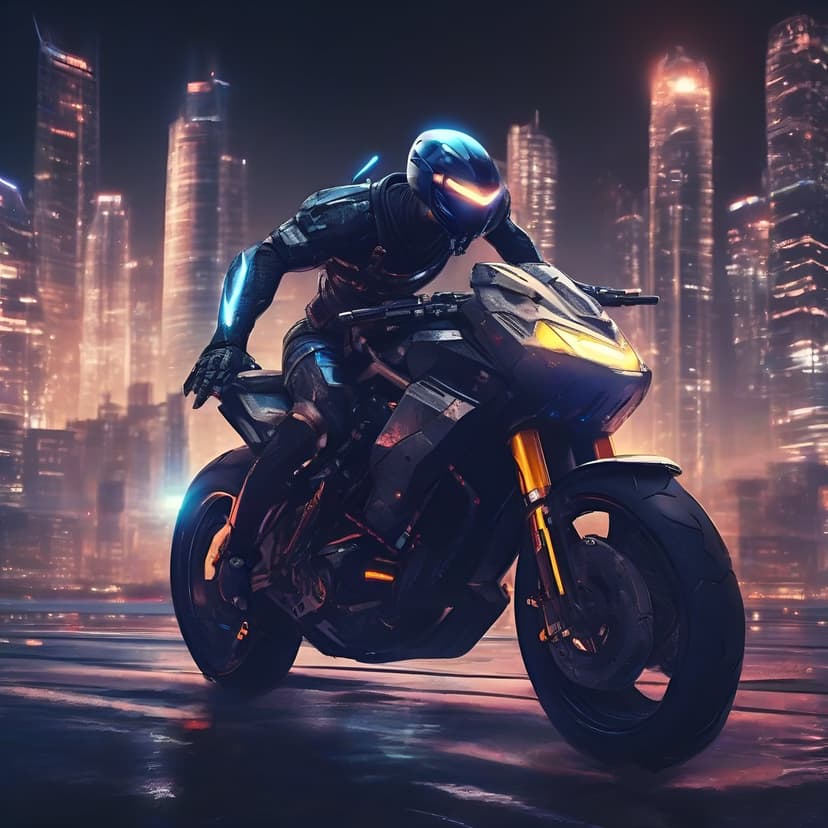 Cyberpunk biker in a glowing suit speeds on a sleek motorcycle down a rainy city street lined with neon signs.