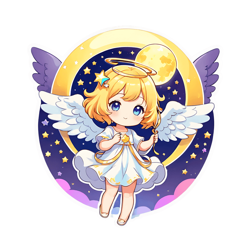 Blonde angel sticker with white wings holding a star against a crescent moon and dark starry night background.