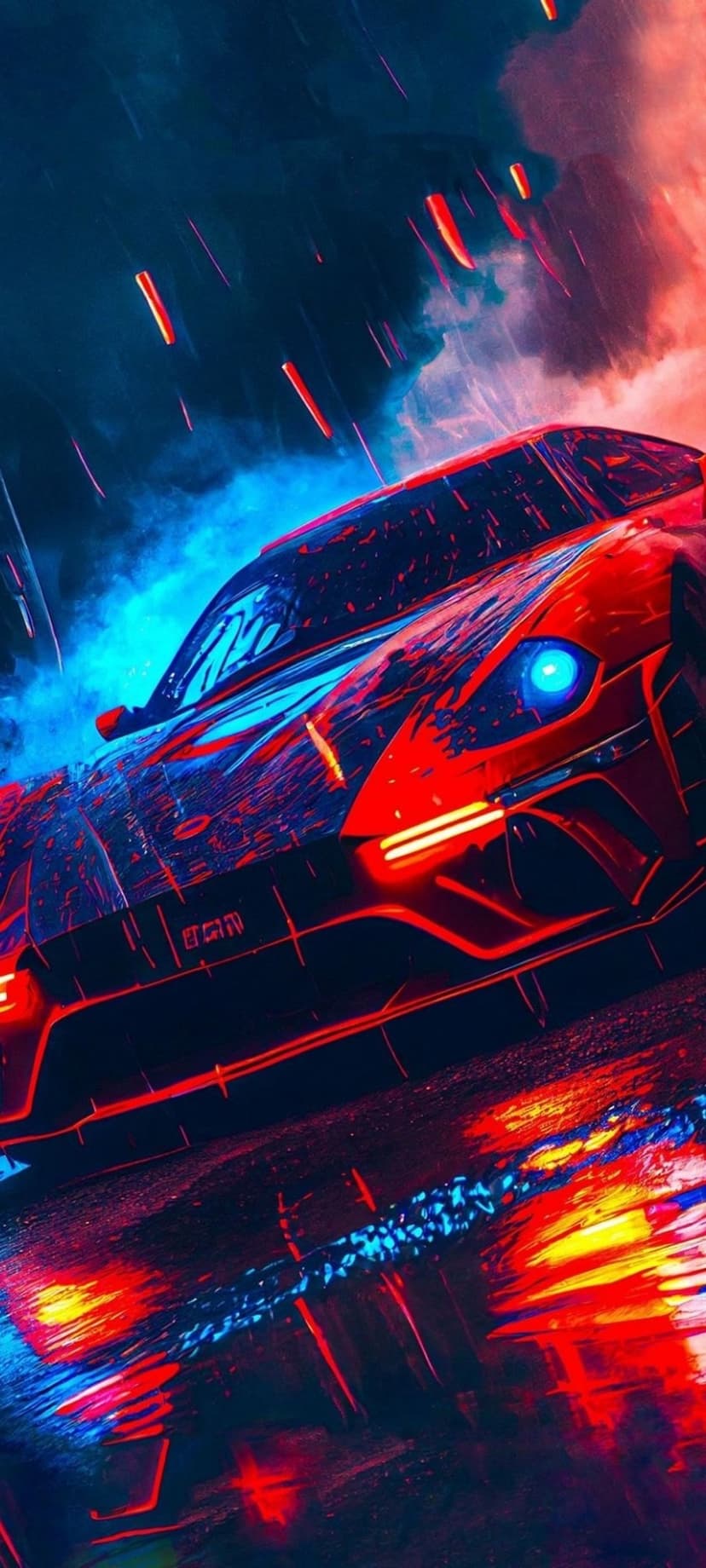 Sleek red sports car on a wet asphalt street surrounded by blue neon city lights during a heavy night rain.