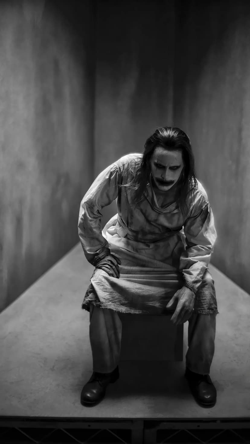 Jared Leto as the Joker sits on a chair in a bright white room, wearing dark makeup and a tattered hospital gown.