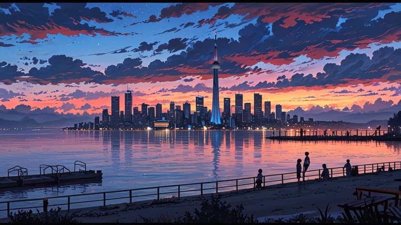 Toronto CN Tower and city skyline stand beneath pink sunset clouds with light reflections on Lake Ontario water.
