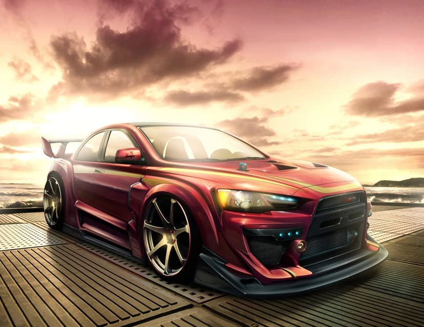 Metallic red widebody sports car with a large rear wing on a pier at sunset with dramatic orange clouds.
