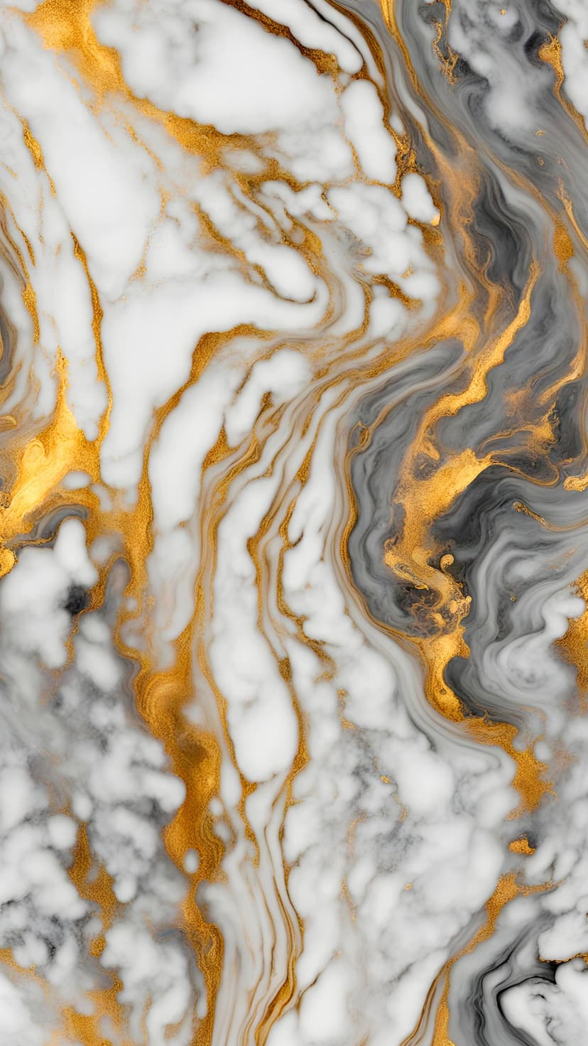 White marble surface featuring jagged gold veins and soft grey mineral clouds in a vertical stone texture.