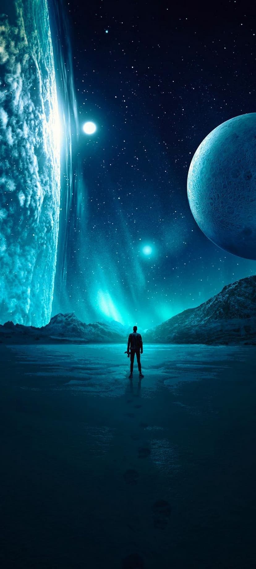 Lone silhouette on an icy cliff facing a massive glowing planet and a blue aurora in a starry night sky.