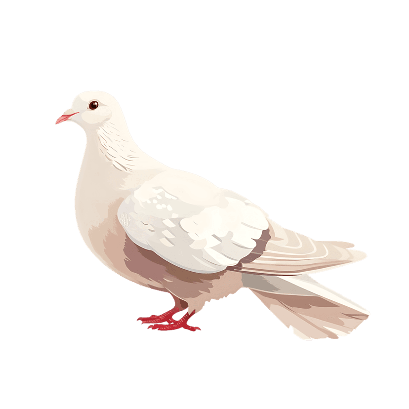 Realistic white dove bird illustration showcasing detailed plumage, pink beak, and dark eyes in a side profile view.