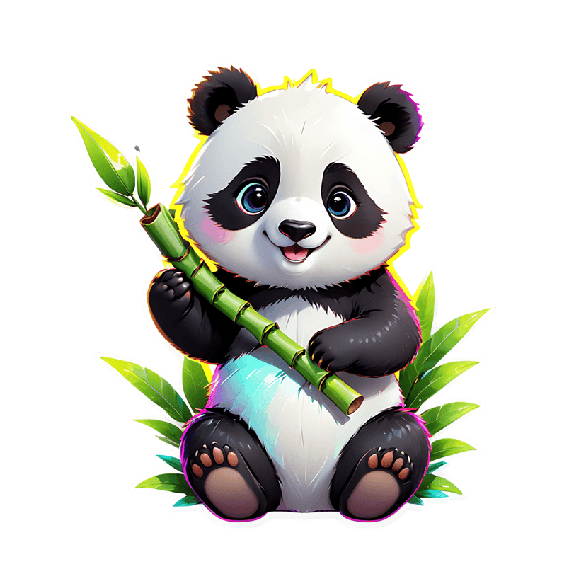 Panda sticker with iridescent outlines holds green bamboo stalks surrounded by lush tropical foliage and leaves.