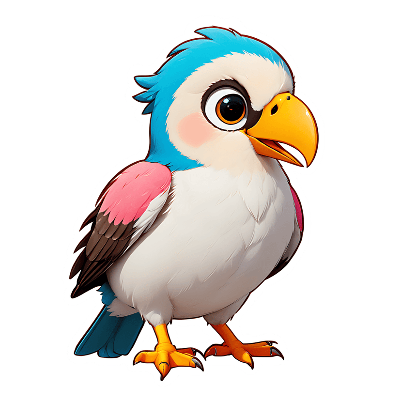 Blue parrot sticker clipart with fluffy white body, pink wing accents, orange beak, and a crisp white outline.