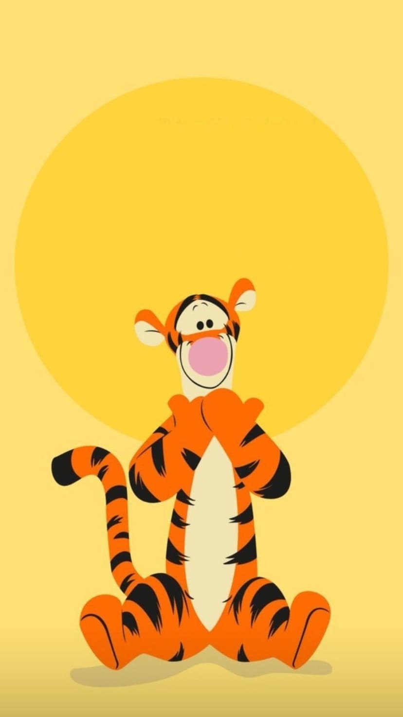 Tigger smiles excitedly with paws held to his chest in front of a minimalist yellow sun-like circle.