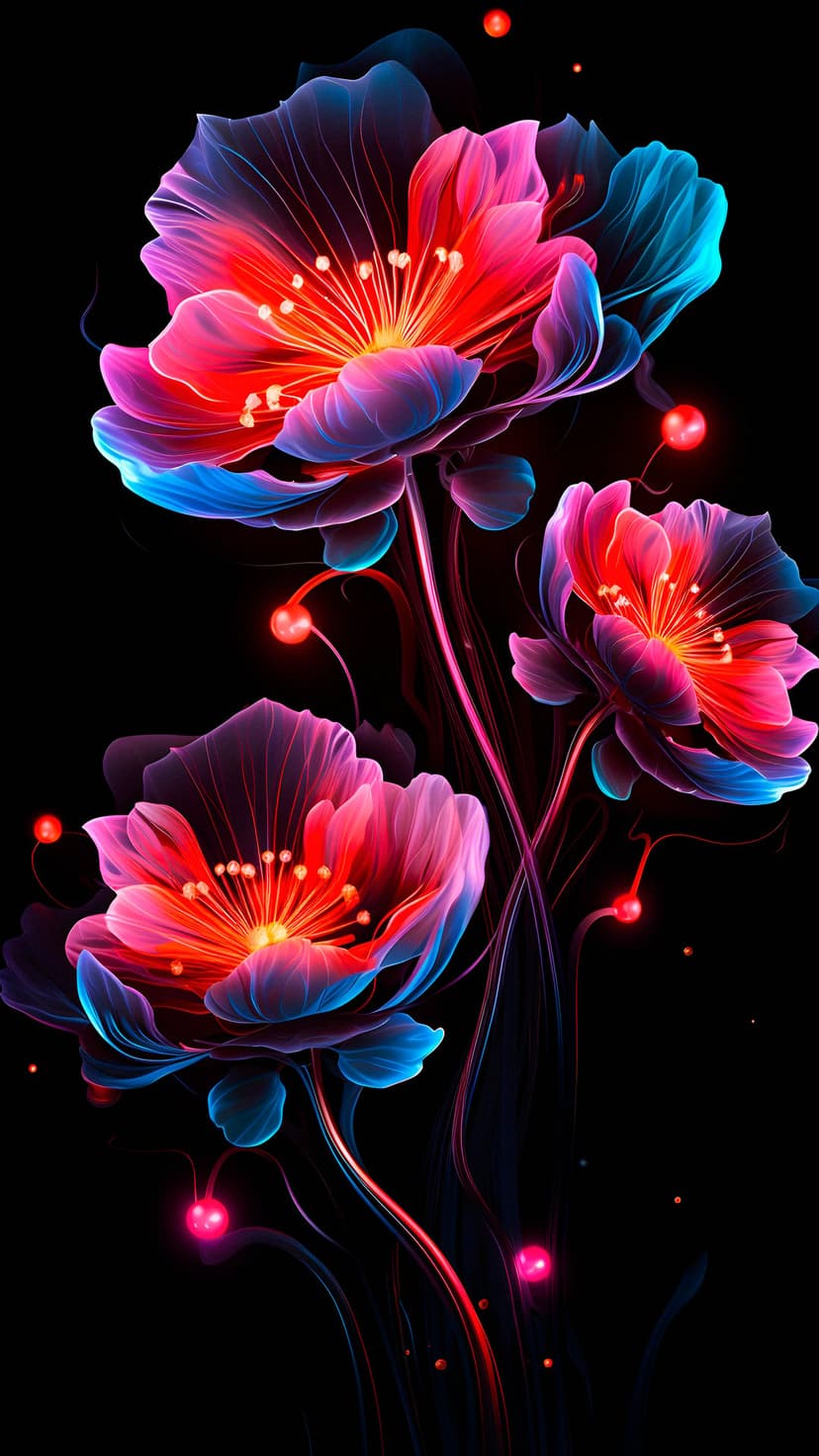 Glowing neon flowers with pink and blue translucent petals and luminous stamen floating on a black background.