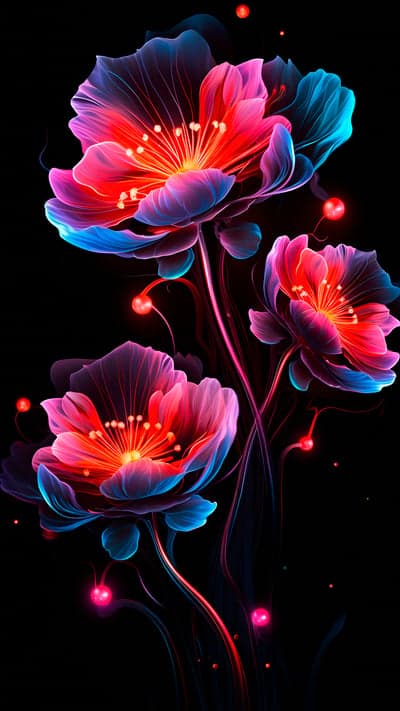 Vibrant Neon Flowers on Black Background