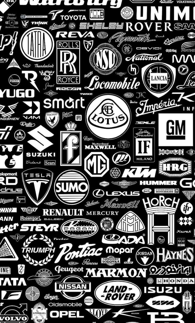 Automotive manufacturer logos displayed in a white grid against a solid black background for a vertical screen.