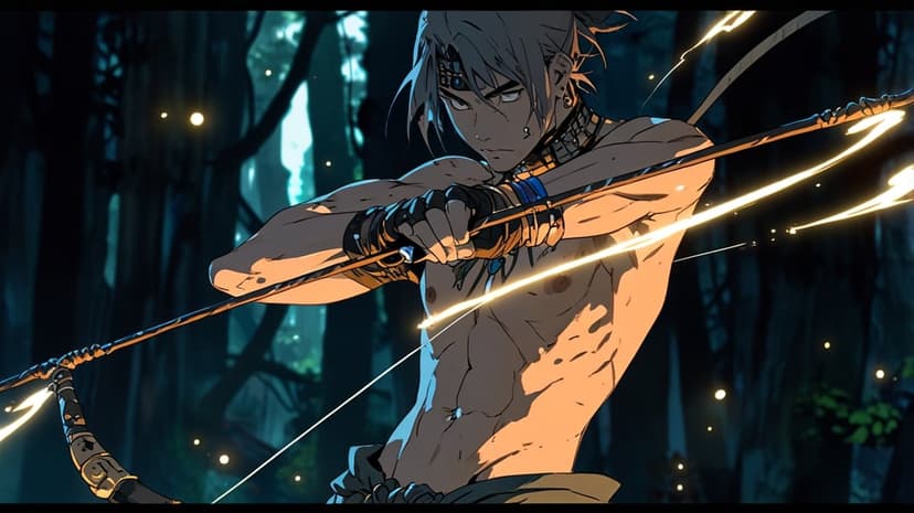 Male archer with tribal markings aims a glowing arrow in a dark, magical forest under ambient moonlight.